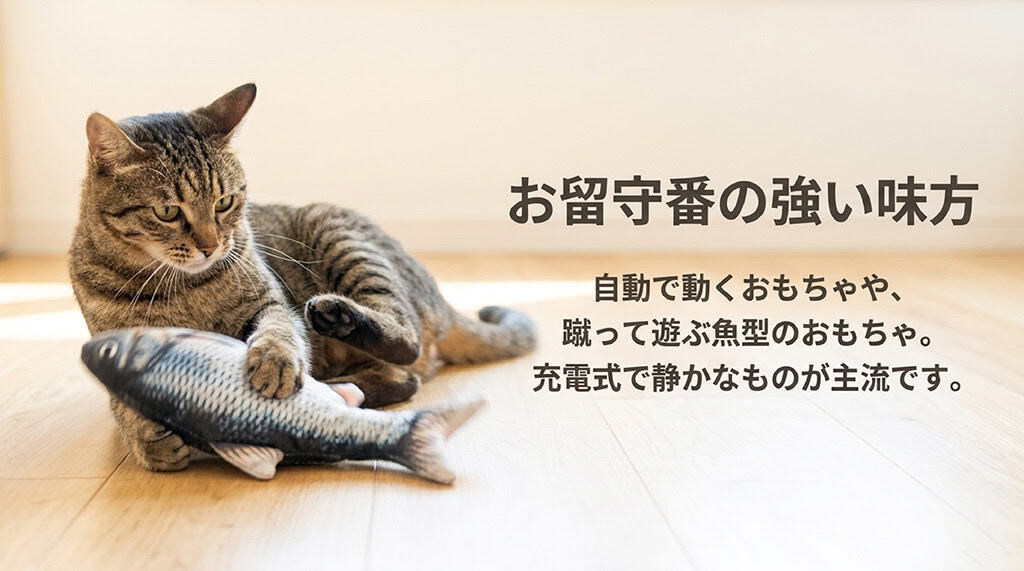 「お留守番の強い味方。自動で動くおもちゃや、蹴って遊ぶ魚型のおもちゃ。充電式で静かなものが主流です。」と書かれたスライド画像。