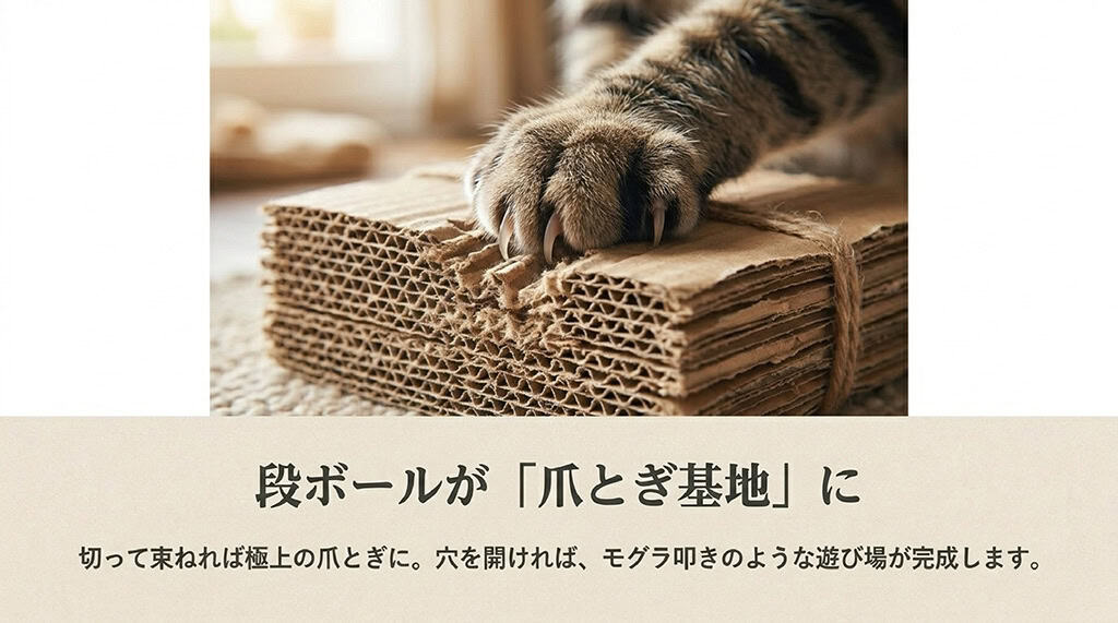 重ねたダンボールに猫が爪を立てている写真と、切って束ねる爪とぎやモグラ叩きのような遊び場のアイデアを紹介するスライド。