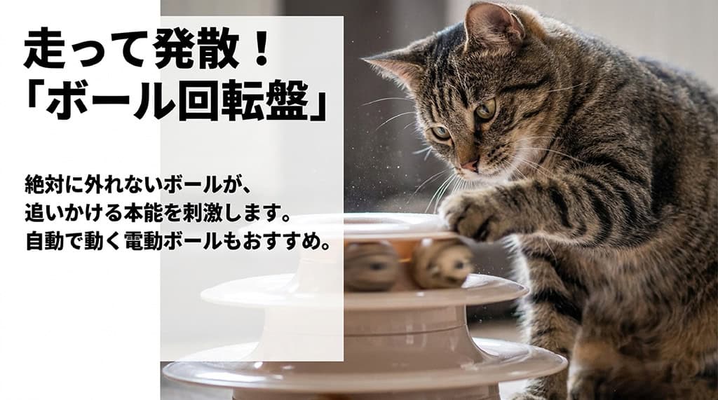 追いかける本能を刺激する「ボール回転盤」と、自動で動く電動ボールを推奨するスライド。