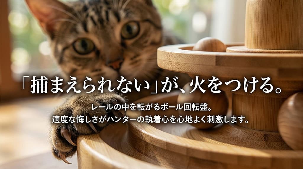 「捕まえられない」が、火をつける。レールの中を転がるボール回転盤がハンターの執着心を刺激する秘密。