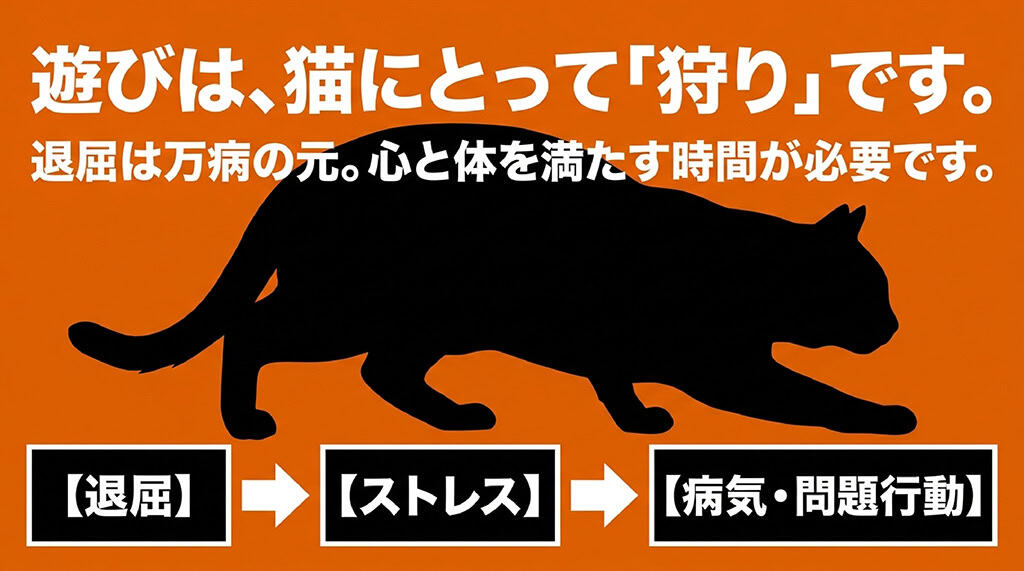 遊びは猫にとって「狩り」であり、退屈がストレスや病気、問題行動につながることを示す解説スライド。