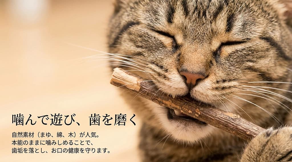 「噛んで遊び、歯を磨く。自然素材(まゆ、綿、木)が人気。本能のままに噛みしめることで、歯垢を落とし、お口の健康を守ります。」と書かれたスライド画像。