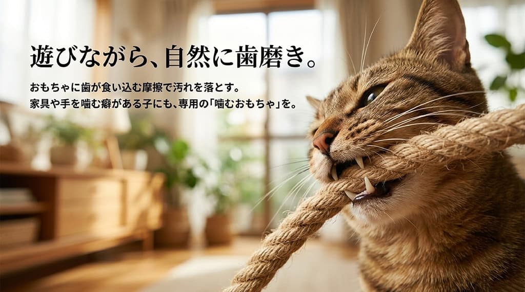 遊びながら、自然に歯磨き。おもちゃに歯が食い込む摩擦で汚れを落とし、家具や手を噛む癖の対策にも有効。