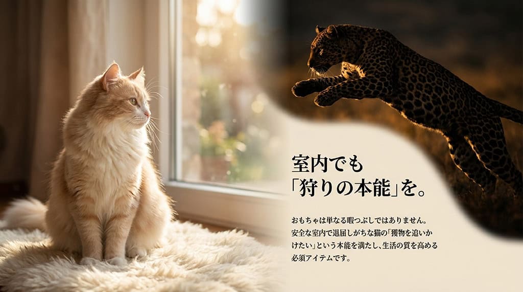 室内でも「狩りの本能」を。安全な室内で退屈しがちな猫の獲物を追いかけたい本能を満たす必須アイテムであることの解説。