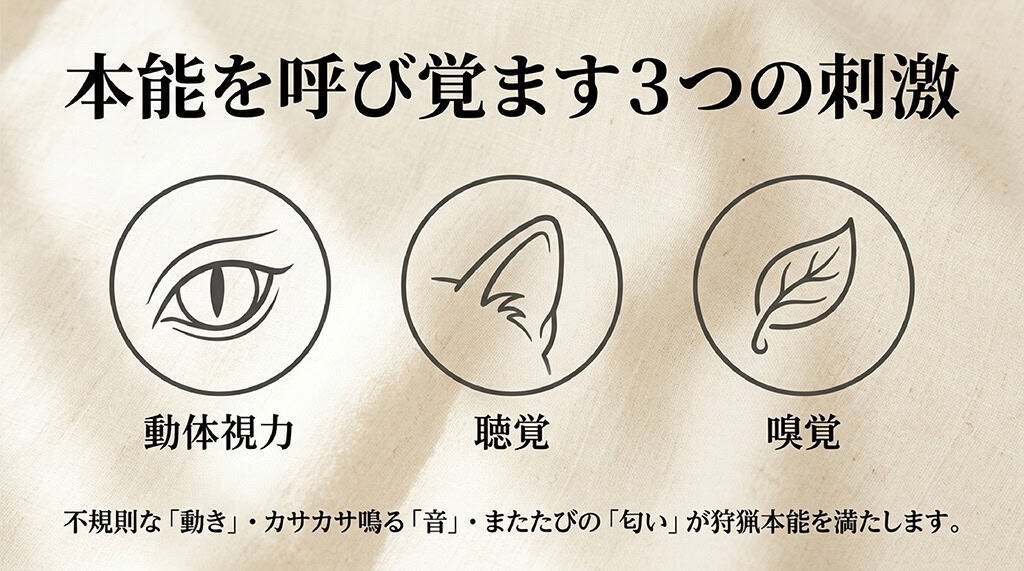 猫の目、耳、葉っぱのイラストとともに、動体視力、聴覚、嗅覚の3つの刺激(不規則な動き、カサカサ鳴る音、またたびの匂い)が狩猟本能を満たすことを説明するスライド。