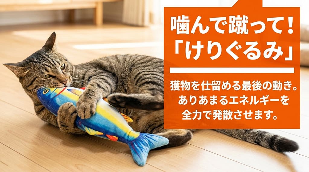 獲物を仕留める最後の動きである「ケリケリ」で、猫のありあまるエネルギーを発散させる「けりぐるみ」の紹介スライド。