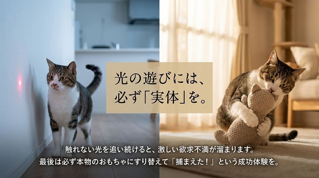 光の遊びには、必ず「実体」を。触れない光による欲求不満を防ぐため、最後は本物のおもちゃで成功体験をさせる解説。