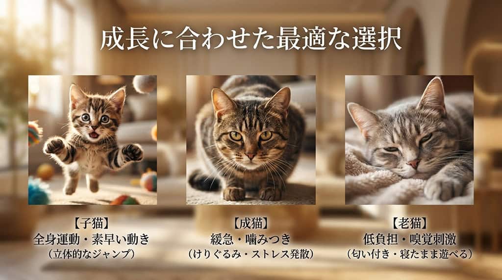 猫の成長に合わせた最適な選択。子猫は全身運動、成猫は緩急と噛みつき、老猫は低負担と嗅覚刺激がポイント。
