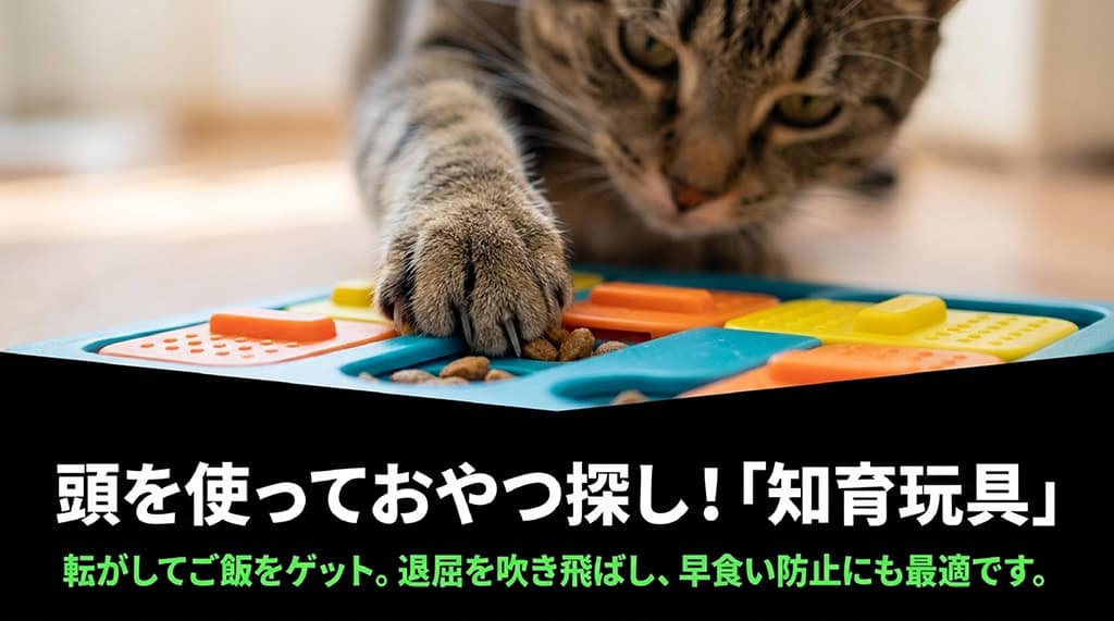 転がしてご飯をゲットすることで退屈を吹き飛ばし、早食い防止にも最適なおやつ探し知育玩具の紹介スライド。