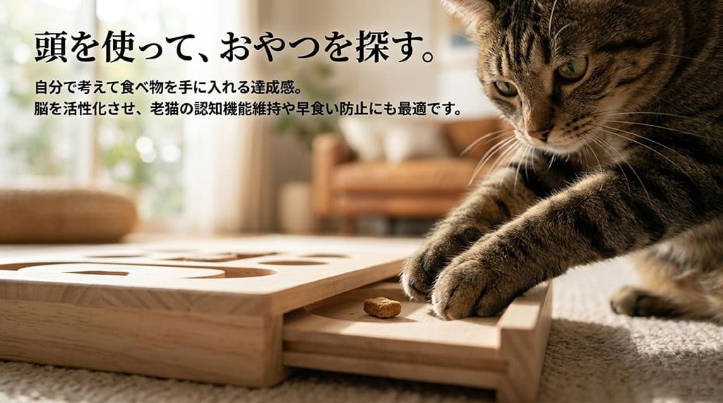 頭を使って、おやつを探す。自分で考えて食べ物を得る達成感が、老猫の認知機能維持や早食い防止に最適な理由。