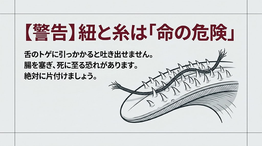 猫の舌にある無数のトゲに紐が引っかかっているイラストと、誤飲による腸閉塞の危険性を警告するスライド。