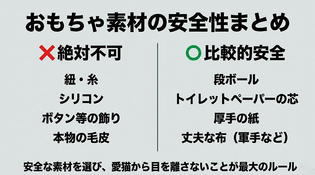 絶対不可な素材(紐・糸、シリコン、ボタン、毛皮)と、比較的安全な素材(ダンボール、芯、厚紙、丈夫な布)をまとめた安全性チェック表のスライド。