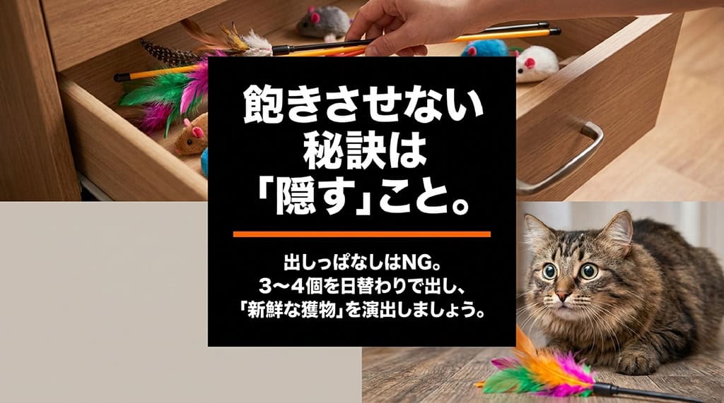 おもちゃを出しっぱなしにせず、3〜4個を日替わりで出して「新鮮な獲物」を演出する飽きさせない秘訣のスライド。
