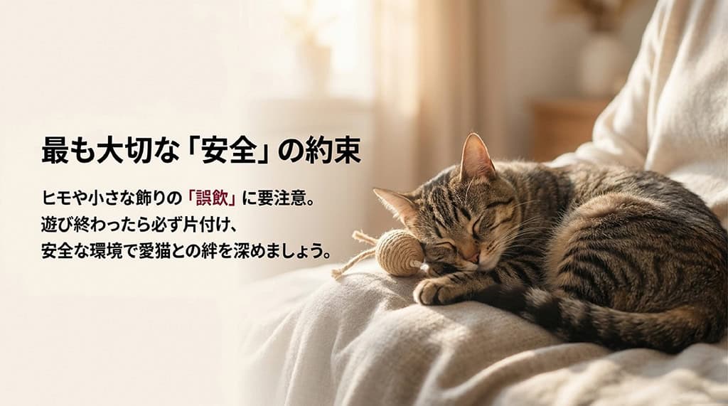「最も大切な『安全』の約束。ヒモや小さな飾りの『誤飲』に要注意。遊び終わったら必ず片付け、安全な環境で愛猫との絆を深めましょう。」と書かれたスライド画像。