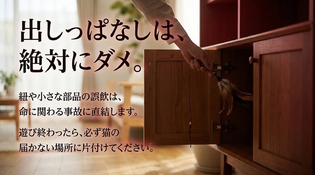 出しっぱなしは絶対にダメ。紐や小さな部品の誤飲は命に関わる事故に直結するため、必ず届かない場所に片付ける注意喚起。