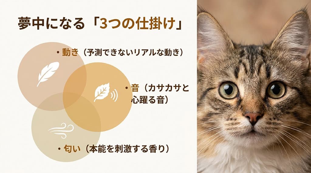 猫の顔のアップ写真とともに、「夢中になる『3つの仕掛け』。動き(予測できないリアルな動き)、音(カサカサと心躍る音)、匂い(本能を刺激する香り)」と書かれたスライド画像。