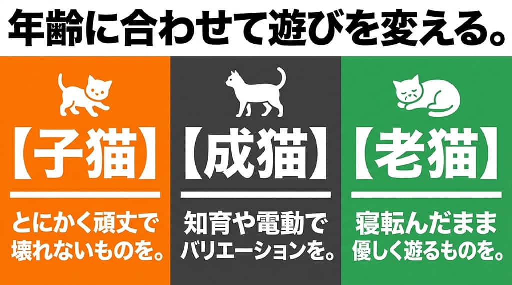子猫には頑丈なもの、成猫には知育や電動、老猫には寝転んだまま遊べるものなど、ライフステージに合わせた選び方の解説スライド。