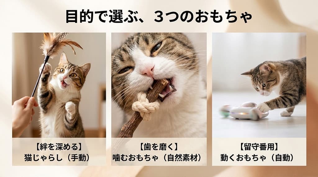 猫じゃらしで遊ぶ猫と、おもちゃを噛む猫の写真とともに、「目的で選ぶ、3つのおもちゃ。【絆を深める】猫じゃらし(手動)、【歯を磨く】噛むおもちゃ(自然素材)、【留守番用】動くおもちゃ(自動)」と書かれたスライド画像。