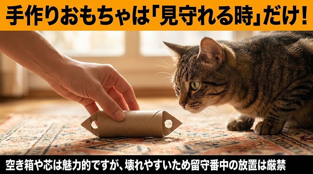 トイレットペーパーの芯で遊ぶ猫の写真とともに、手作りおもちゃは壊れやすいため留守番中の放置は厳禁であることを伝える注意スライド。