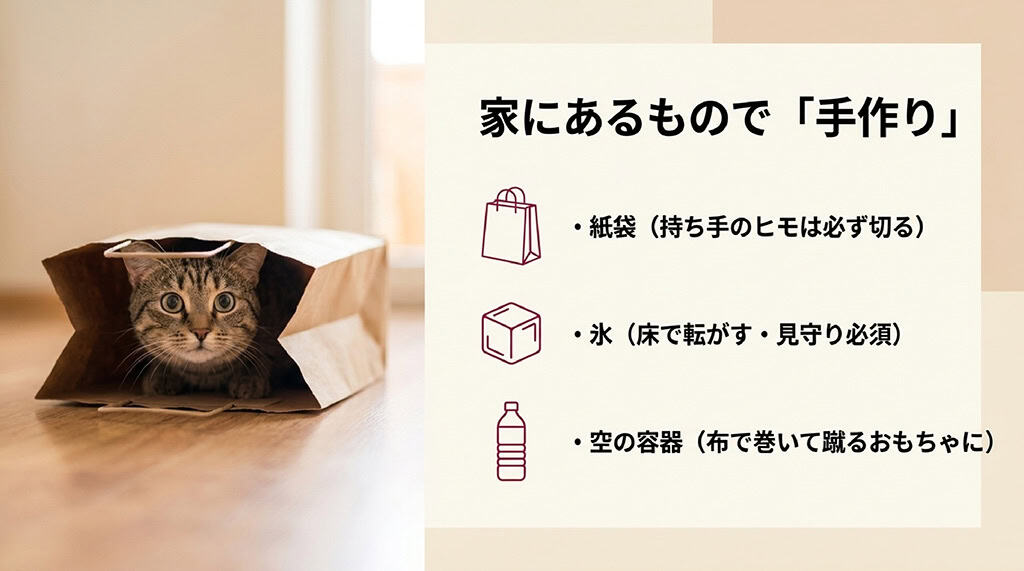 「家にあるもので『手作り』。・紙袋(持ち手のヒモは必ず切る)・氷(床で転がす・見守り必須)・空の容器(布で巻いて蹴るおもちゃに)」と書かれたスライド画像。