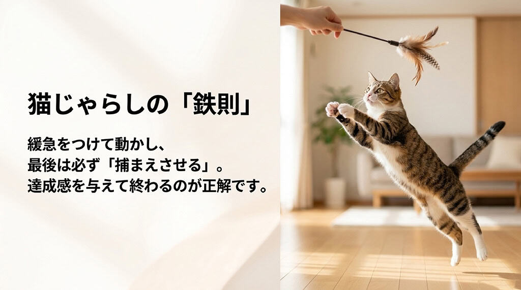 「猫じゃらしの『鉄則』。緩急をつけて動かし、最後は必ず『捕まえさせる』。達成感を与えて終わるのが正解です。」と書かれたスライド画像。