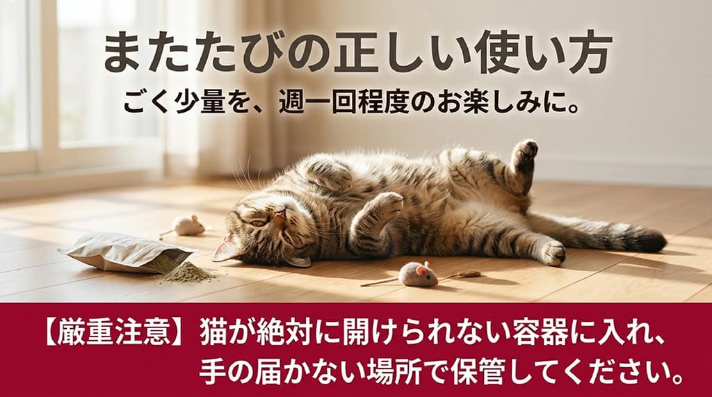 「またたびの正しい使い方。ごく少量を、週一回程度のお楽しみに。【厳重注意】猫が絶対に開けられない容器に入れ、手の届かない場所で保管してください。」と書かれたスライド画像。