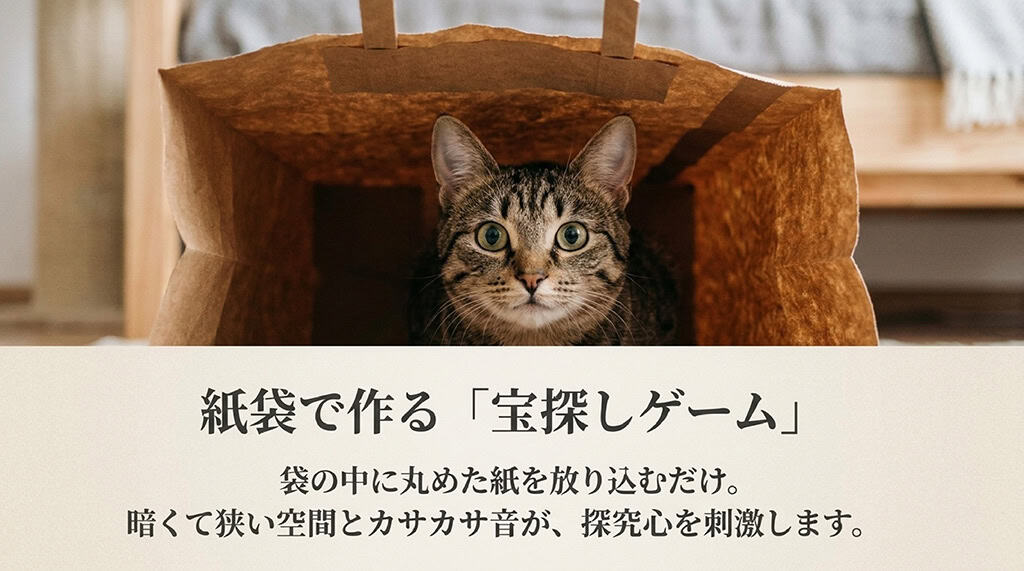 紙袋の中に丸めた紙くずなどを放り込み、狭い空間とカサカサ音で猫の探究心を刺激する遊び方を紹介するスライド。