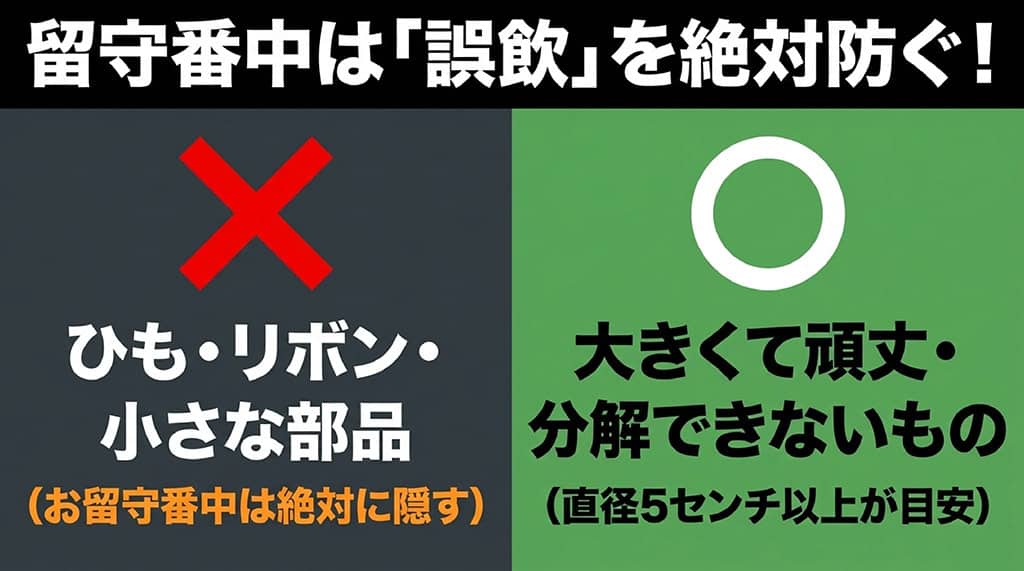 留守番中の誤飲を防ぐため、ひもや小さな部品のあるNGおもちゃは隠し、直径5センチ以上の大きくて頑丈な分解できないおもちゃを選ぶ基準を示したスライド。
