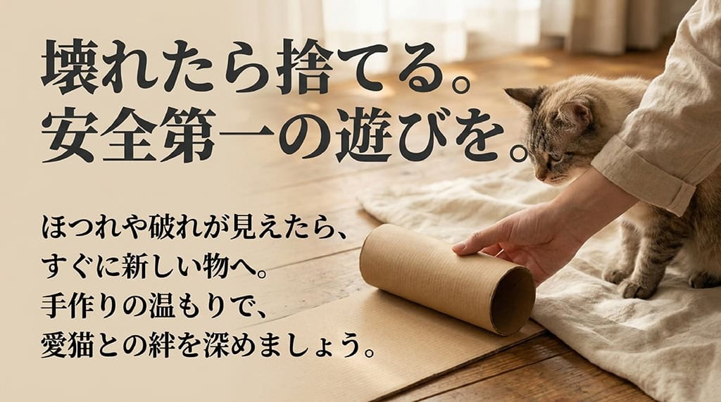 壊れたら捨てる潔さと安全第一のルール、手作りの温もりで愛猫との絆を深めることを伝えるまとめのスライド。