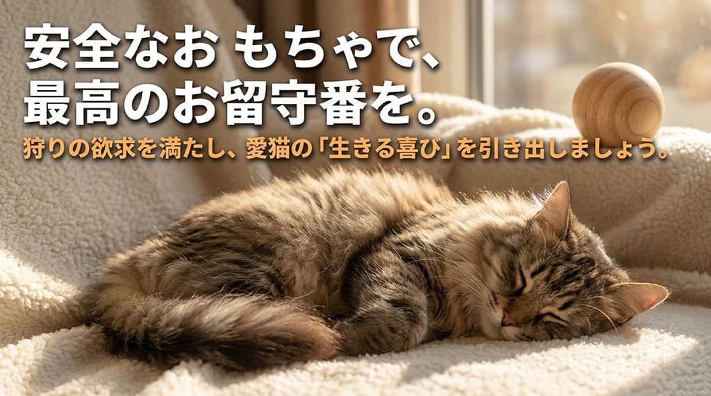 安全なおもちゃで狩りの欲求を満たし、愛猫の生きる喜びを引き出す最高のお留守番を応援するまとめのスライド。