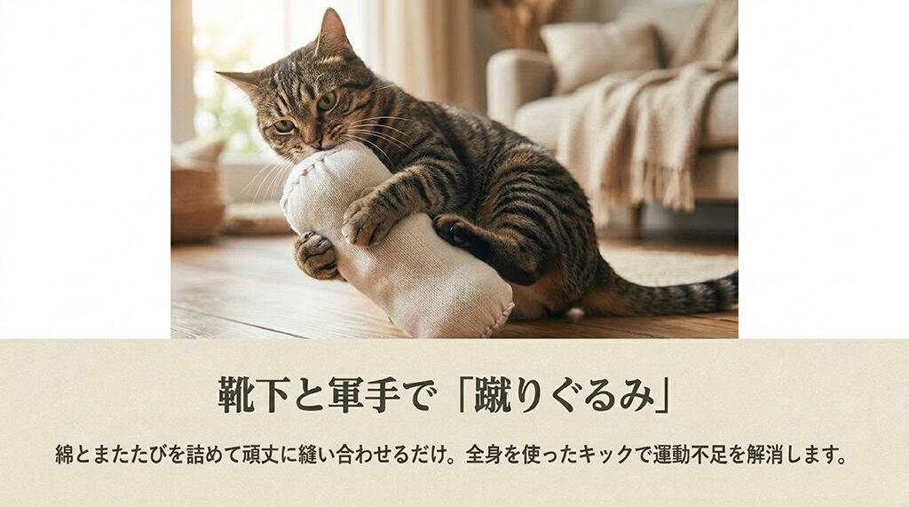 猫が手作りの布製おもちゃを抱えて後ろ足キックしている写真と、綿やまたたびを詰めて作る蹴りぐるみの説明スライド。