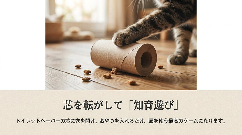トイレットペーパーの芯とおやつを使って、猫が前足で転がして遊ぶ知育玩具のイメージスライド。