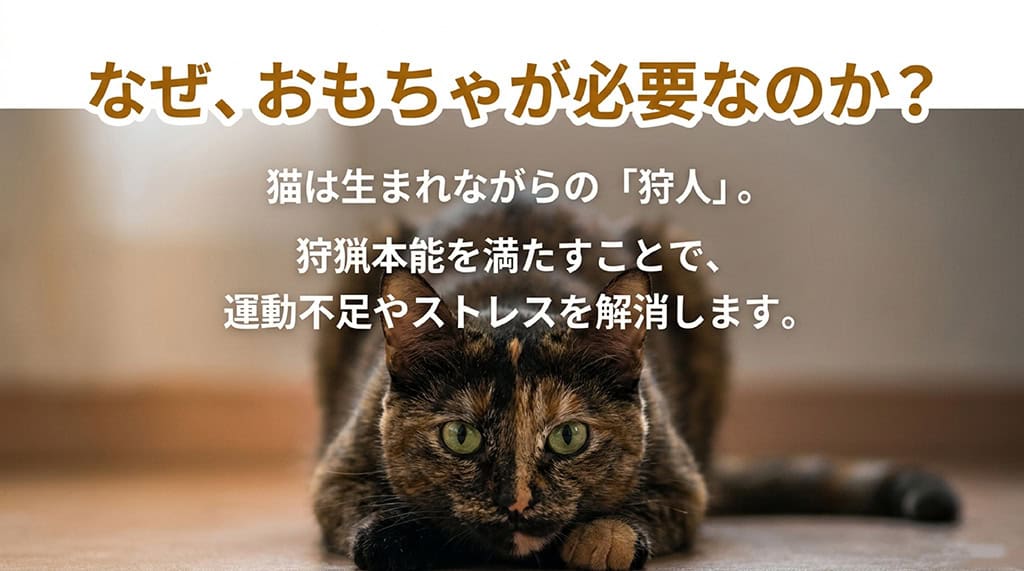 「愛猫が夢中になる!おもちゃ選びと遊び方の極意」というタイトルと、「なぜ、おもちゃが必要なのか?猫は生まれながらの『狩人』。狩猟本能を満たすことで、運動不足やストレスを解消します。」と書かれたスライド画像。