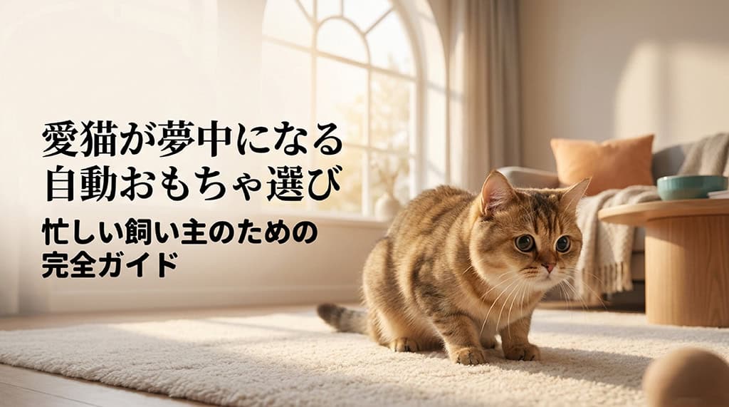「愛猫が夢中になる自動おもちゃ選び 忙しい飼い主のための完全ガイド」と書かれた、猫のイラスト入りアイキャッチスライド。