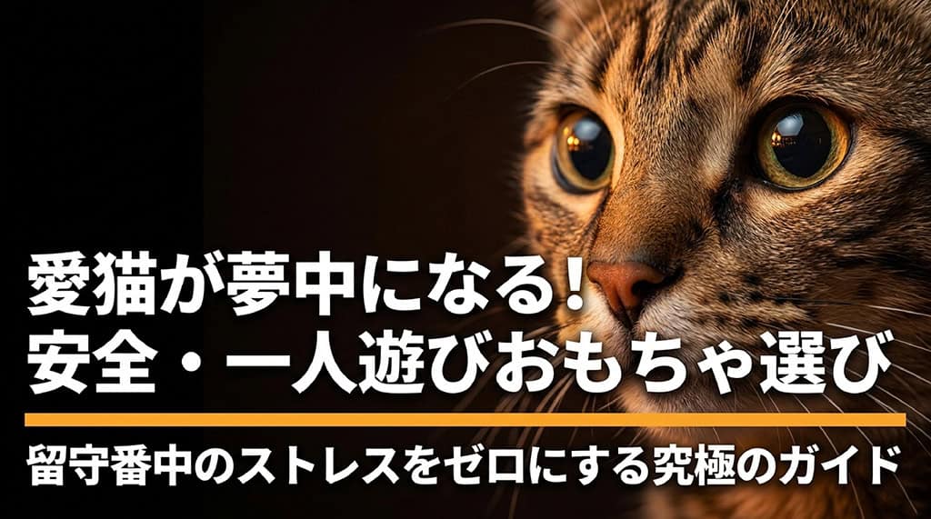 三毛島博士による「愛猫が夢中になる！安全・一人遊びおもちゃ選び 留守番中のストレスをゼロにする究極のガイド」のタイトルスライド画像。
