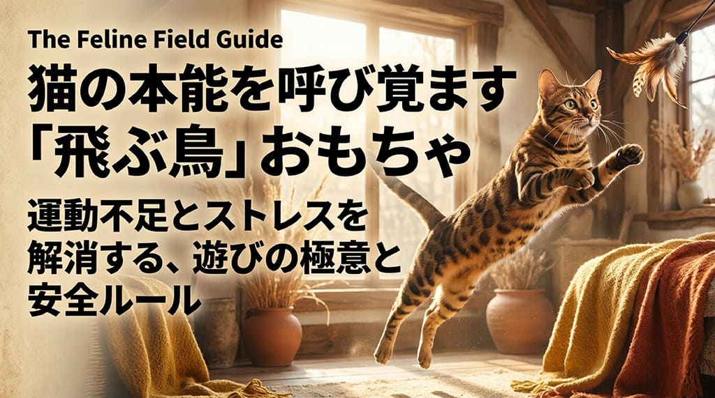 「猫の本能を呼び覚ます『飛ぶ鳥』おもちゃ。運動不足とストレスを解消する、遊びの極意と安全ルール」と書かれたキジトラ猫の表紙スライド。
