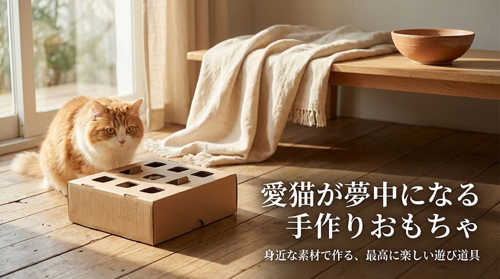 「愛猫が夢中になる手作りおもちゃ 身近な素材で作る、最高に楽しい遊び道具」と書かれたスライドの表紙画像。