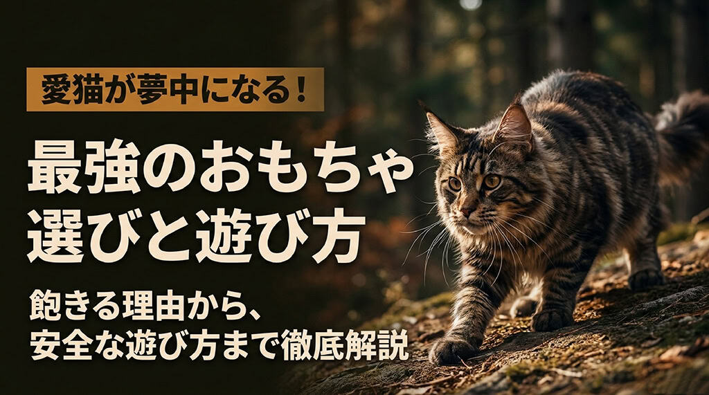 「愛猫が夢中になる！最強のおもちゃ選びと遊び方 飽きる理由から、安全な遊び方まで徹底解説」と書かれた、床で寝そべる猫のアイキャッチ画像