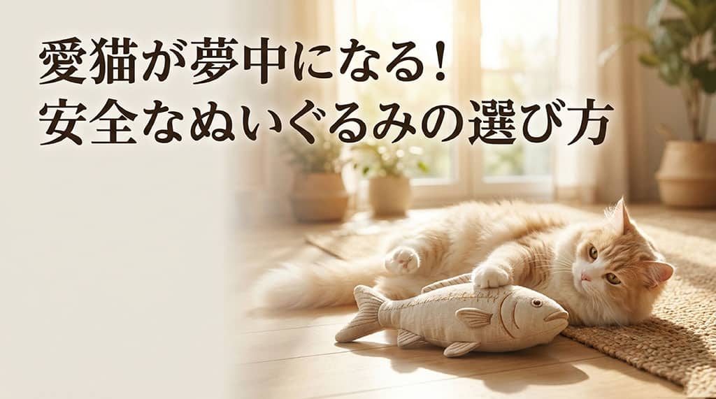 「愛猫が夢中になる! 安全なぬいぐるみの選び方」と書かれた記事のサムネイル画像
