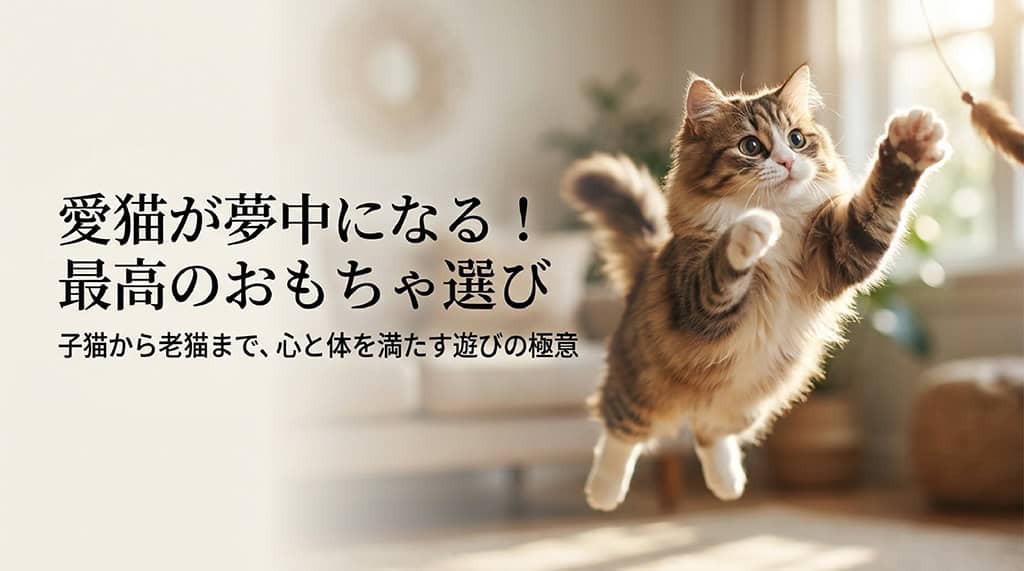 愛猫が夢中になる！最高のおもちゃ選び。子猫から老猫まで、心と体を満たす遊びの極意のタイトルスライド。